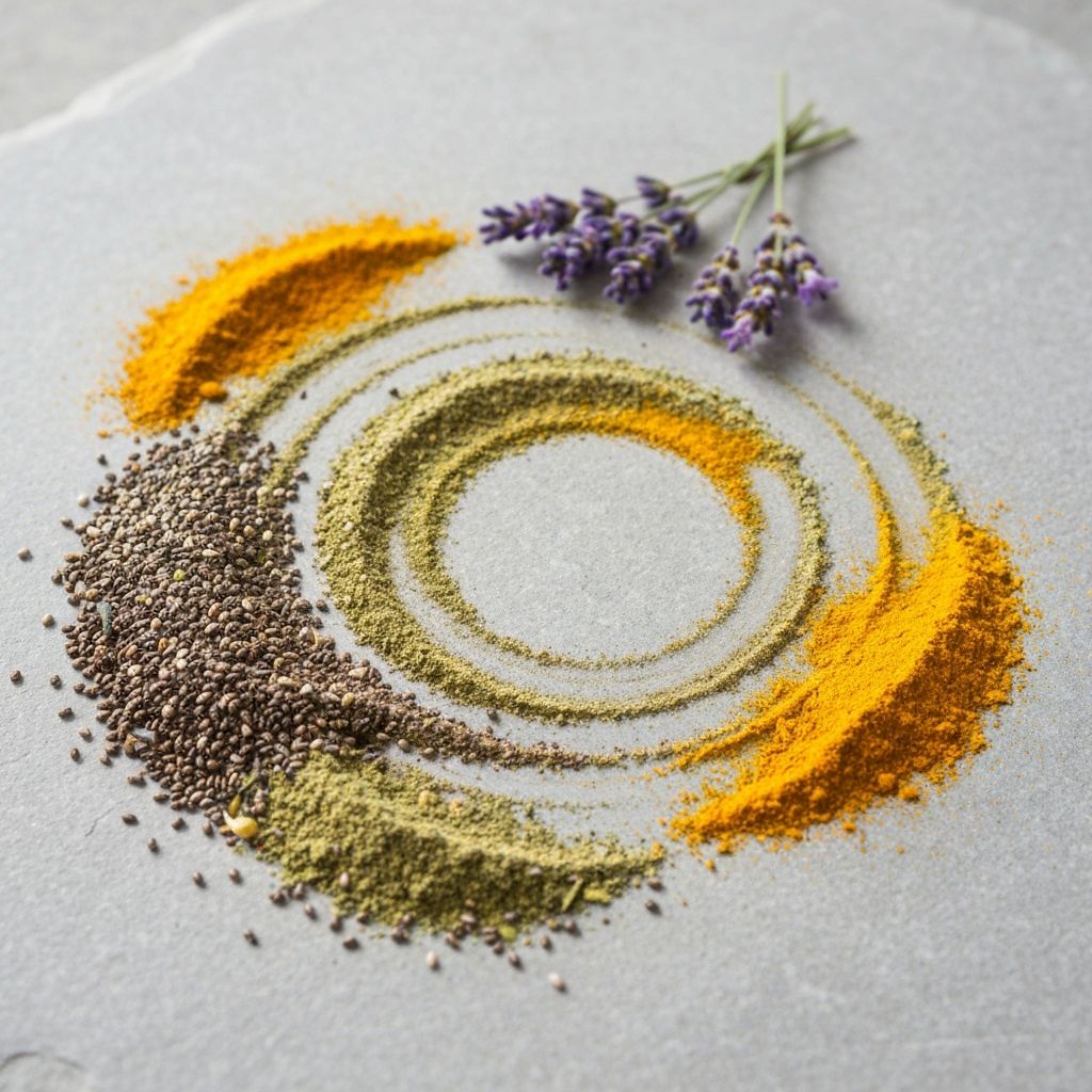 Midday balance powder blend with natural herbs and ingredients spread artfully