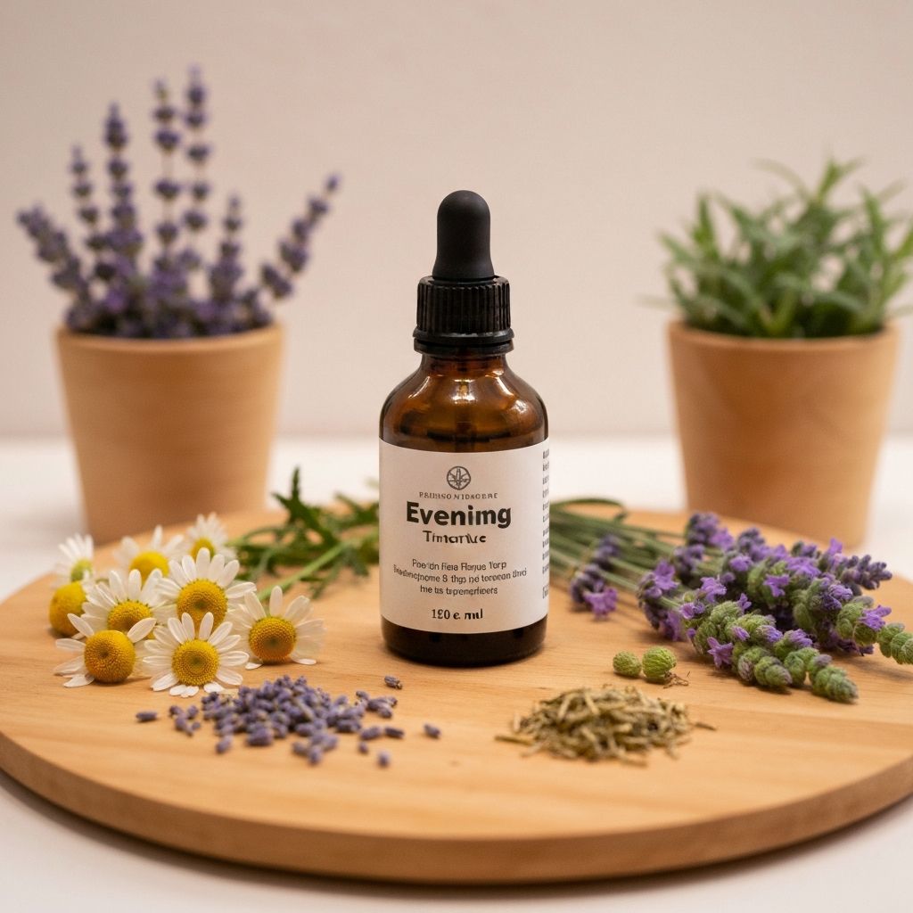 Evening calm liquid tincture bottle surrounded by relaxing botanicals